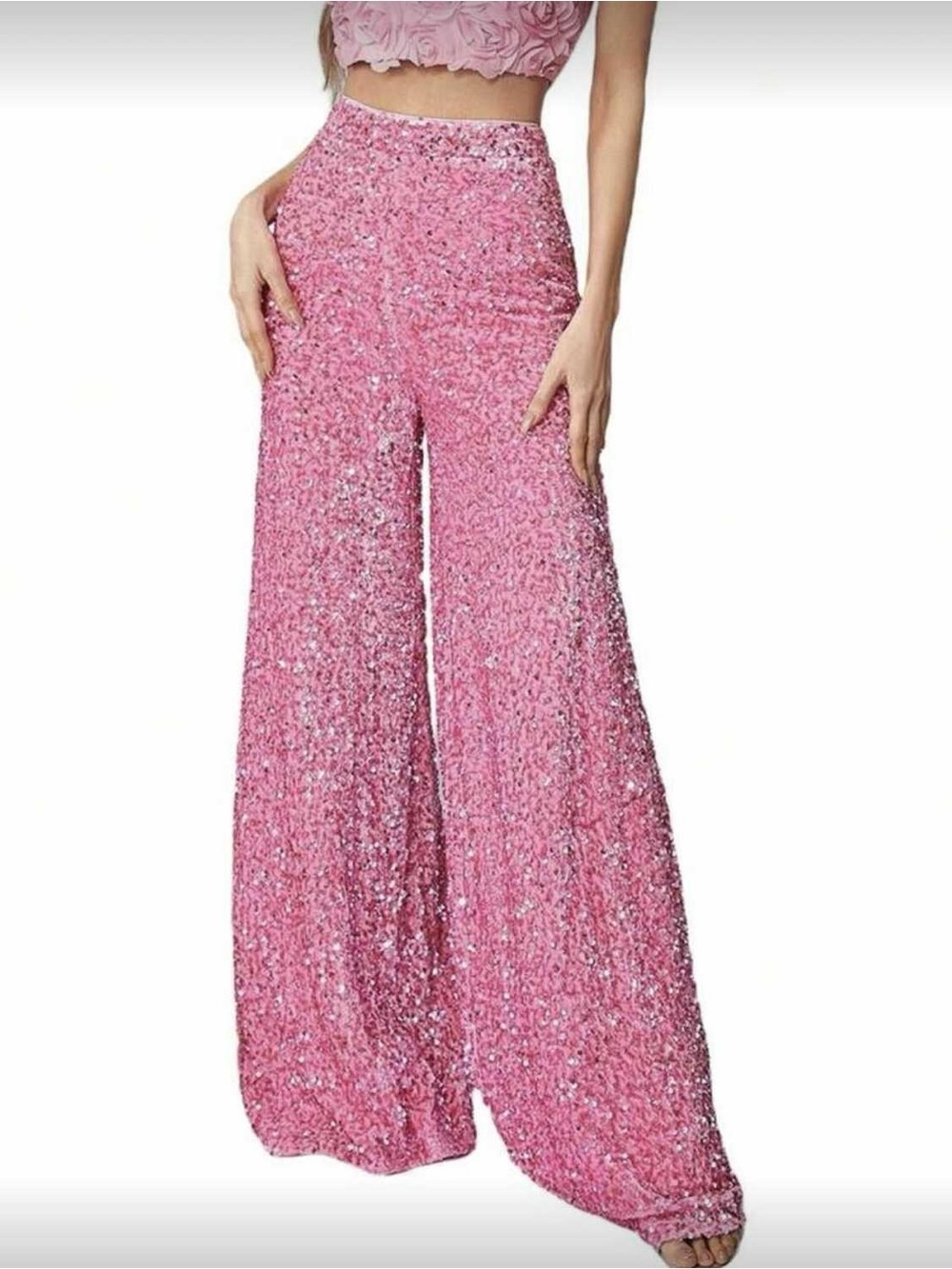 SHEIN Pink Sequin High-Waist Wide-Leg Pants